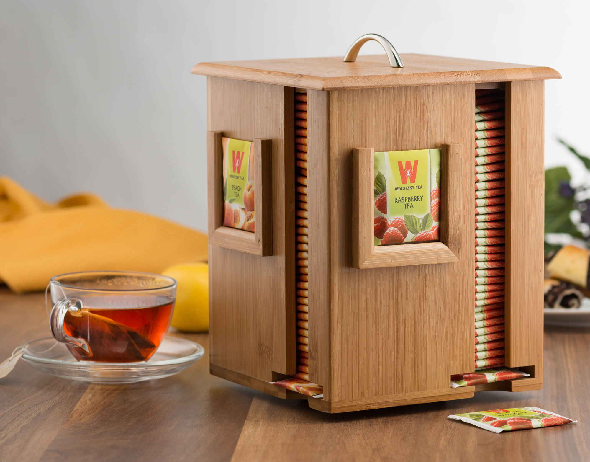 Bamboo Display Tea Box with 4 Compartments and Lid, Beautiful Wooden Tea Organizer